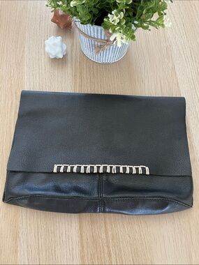 Anthropologie Black Fold-Over Clutch with Cream Stitching